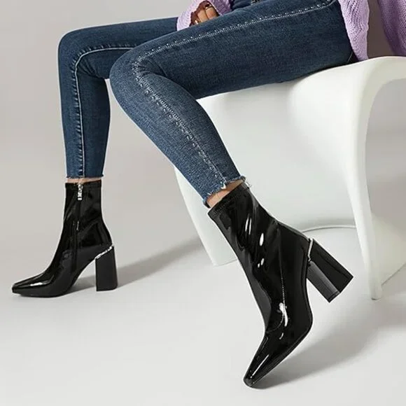 Womens Square Toe Ankle Booties Chunky Heel Boots Side Zipper Patent Leather - Picture 2 of 5